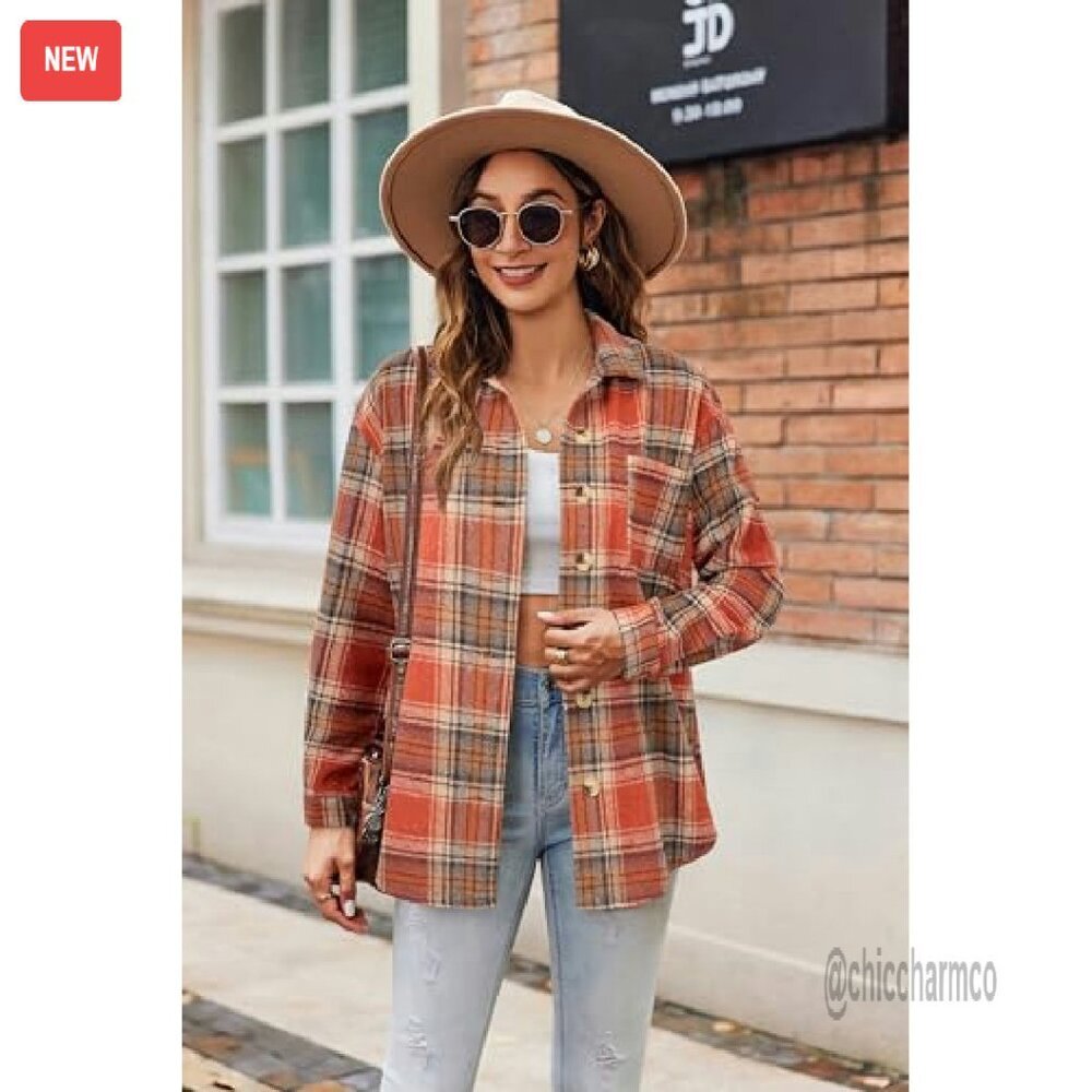 Flannel Shacket Jacket Button Down Long Sleeve Shirt Fall Outfits - Picture 5 of 8